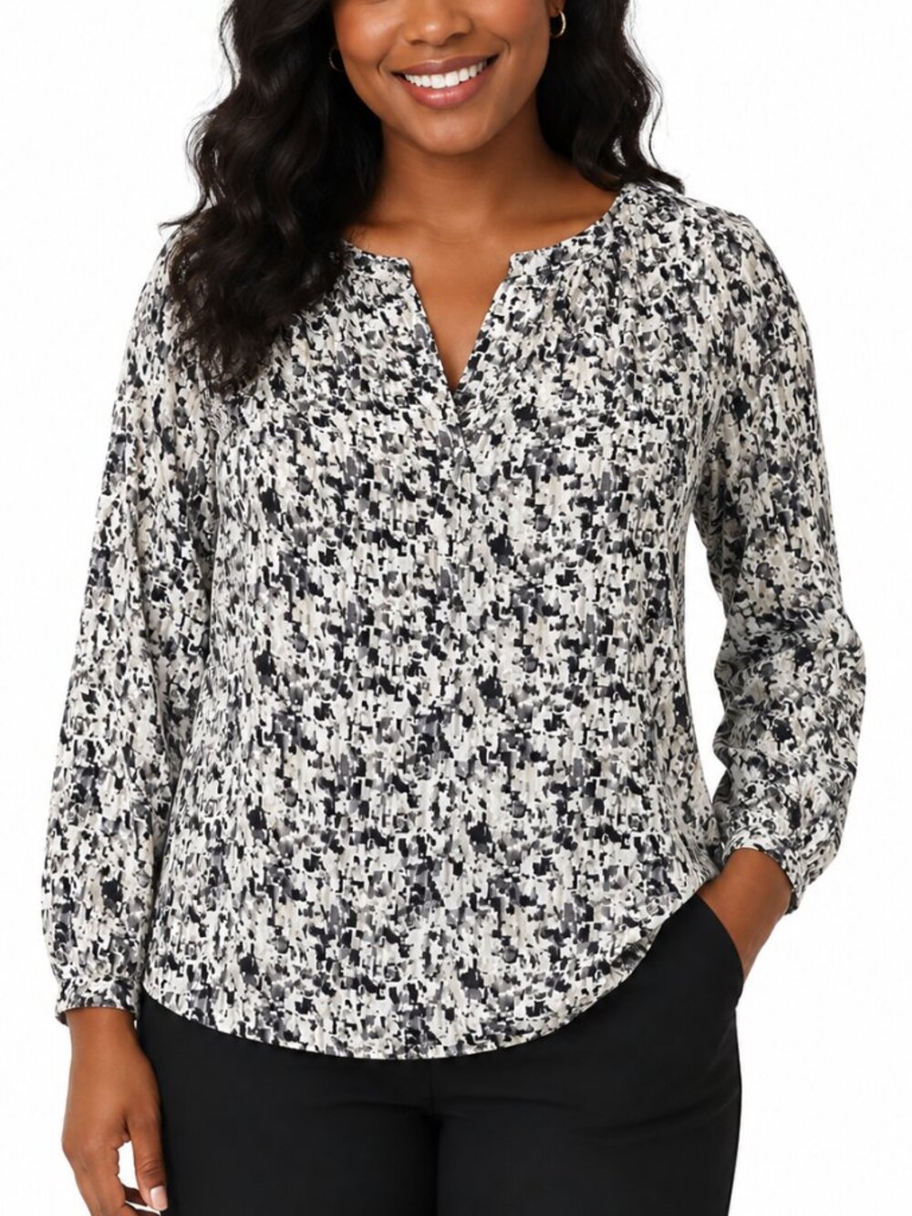 CAbi Cream Tan Black Grey Geometric Shatter Pullover Semi-Sheer Blouse